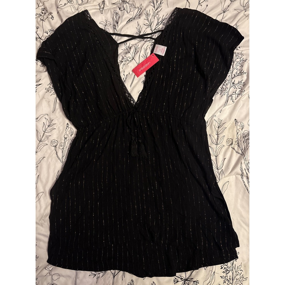 NEW Xhilaration Black & Metallic Good Stripe Swim Coverup Mini Dress, Medium‎